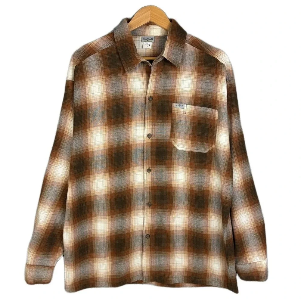 CalTop Plaid Flannel Shirt L Caramel Brown Acrylic Long Sleeve Streetwear 2000